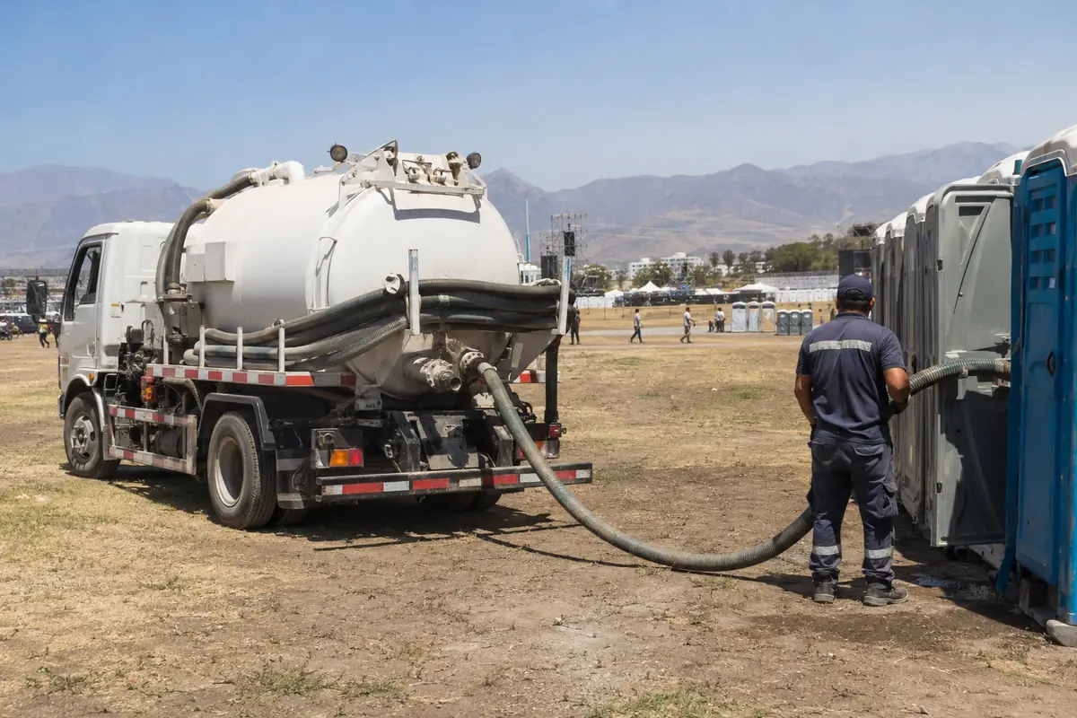 Camión de limpieza de baños químicos llegando a un terreno